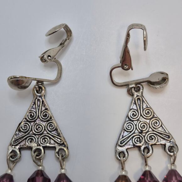 Silver-tone chandelier purple brown beaded dangle bohemian clip-on earrings - Picture 3 of 7